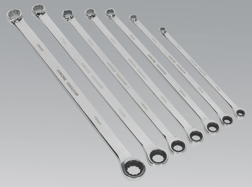 Double Ring Ratchet Fixed Spanner Set 7pc Extra Long Metric