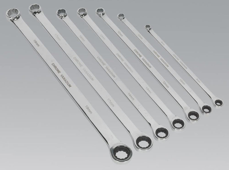 Double Ring Ratchet/Fixed Spanner Set 7pc Extra-Long Metric